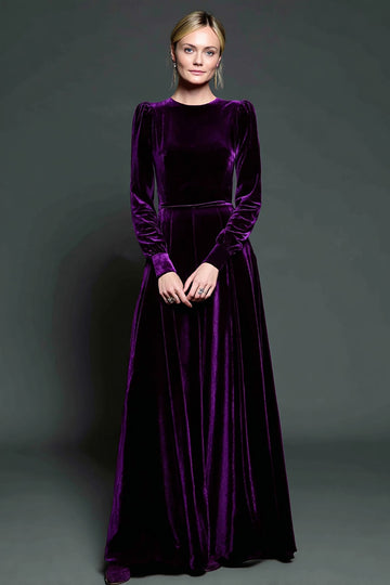 Dark Purple A Line Velvet Long Sleeve Formal Dress